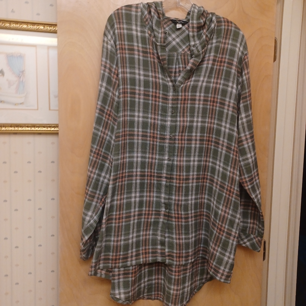Olive plaid fall boho hoodie tunic top Supplies XL